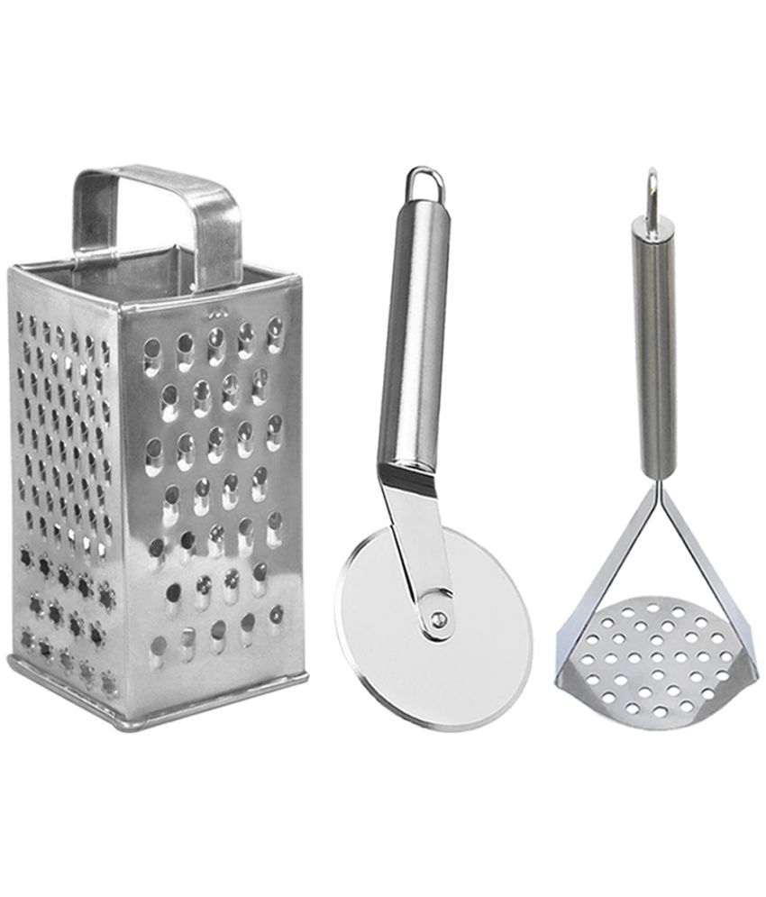     			JISUN - Silver Stainless Steel Grater-Pizza Cutter-Masher ( Set of 3 )