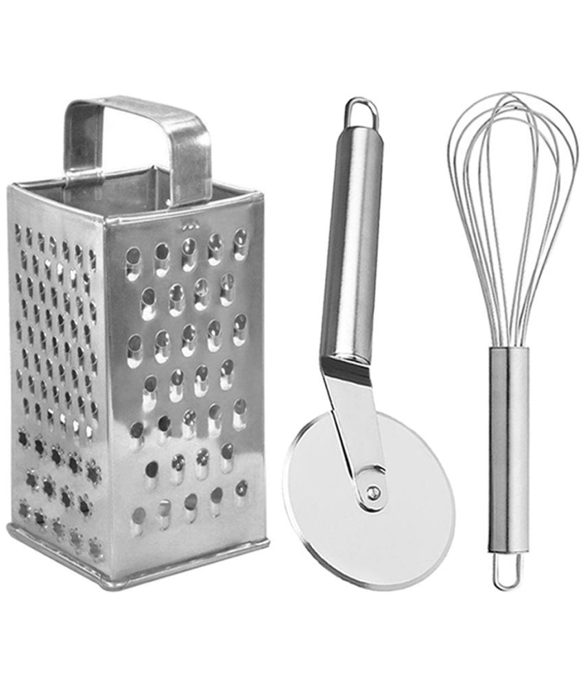     			JISUN - Silver Stainless Steel Grater-Pizza Cutter-Whisk ( Set of 3 )