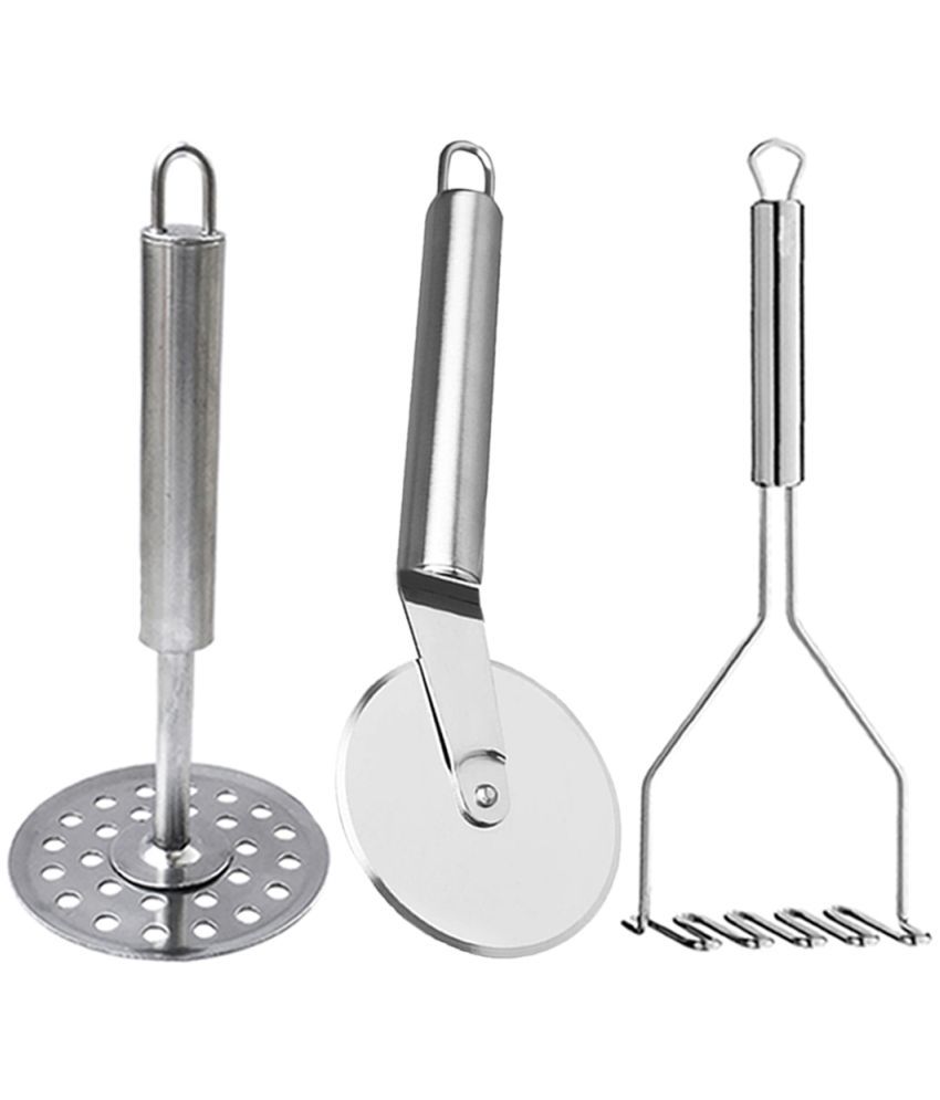     			JISUN - Silver Stainless Steel Pizza Cutter & Potato Masher (Pack of 2) ( Set of 3 )