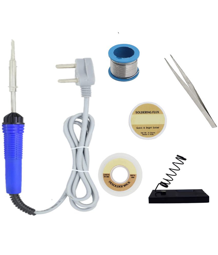     			ALDECO: ( 6 in 1 ) SOLDERING IRON 25 Watt Professional Kit - Blue Iron, Wire, Flux, Wick, Stand, Tweezer