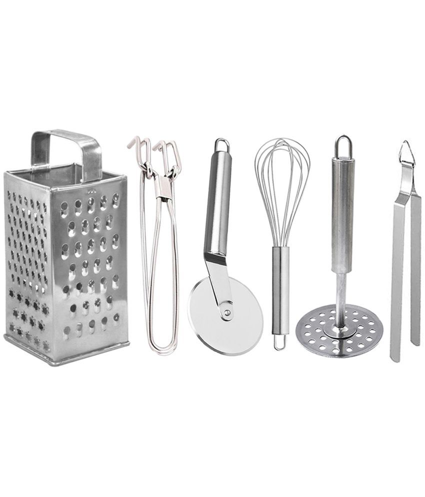     			JISUN - Silver Stainless Steel Grater-Pakkad-Whisk-Pizza Cutter-Chimta-Masher ( Set of 6 )