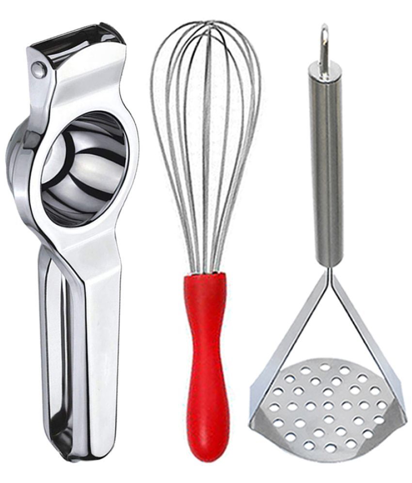     			JISUN - Silver Stainless Steel Lemon Squeezer & Egg Whisk & Potato Masher ( Set of 3 )