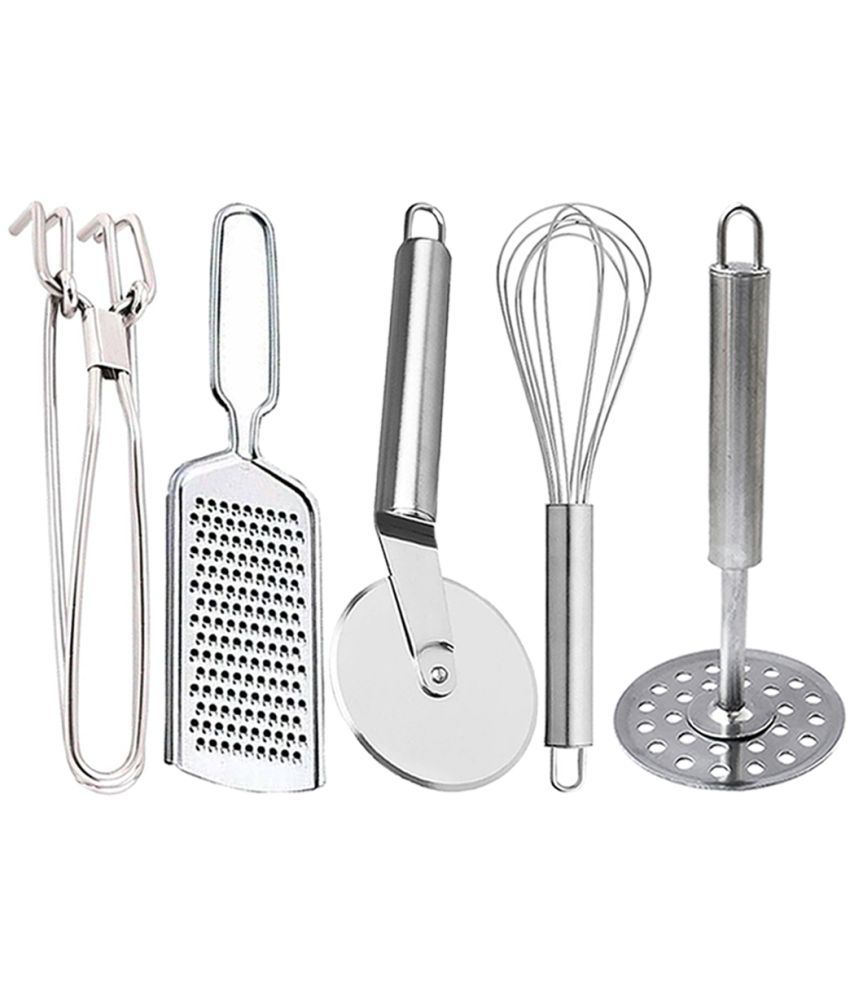     			JISUN - Silver Stainless Steel PAKKAD+WIRE GRATER+STEEL WHISK+PIZZA+ROUND MASHER ( Set of 5 )