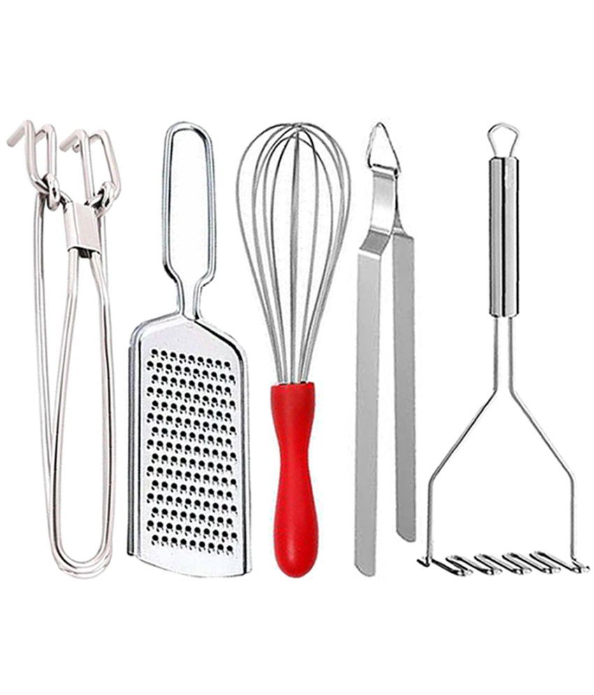     			JISUN - Silver Stainless Steel PAKKAD+WIRE GRATER+RED WHISK+CHIMTA+Z MASHER ( Set of 5 )