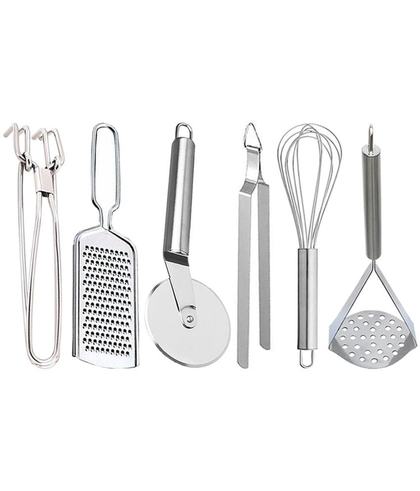     			JISUN - Silver Stainless Steel WIRE GRATER+PKD+PIZA+WHISK+CHIMTA+OVAL MASHER ( Set of 6 )
