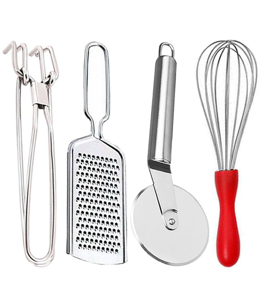     			JISUN - Silver Stainless Steel WIRE GRATER+PAKKAD+PIZZA+RED WHISK ( Set of 4 )
