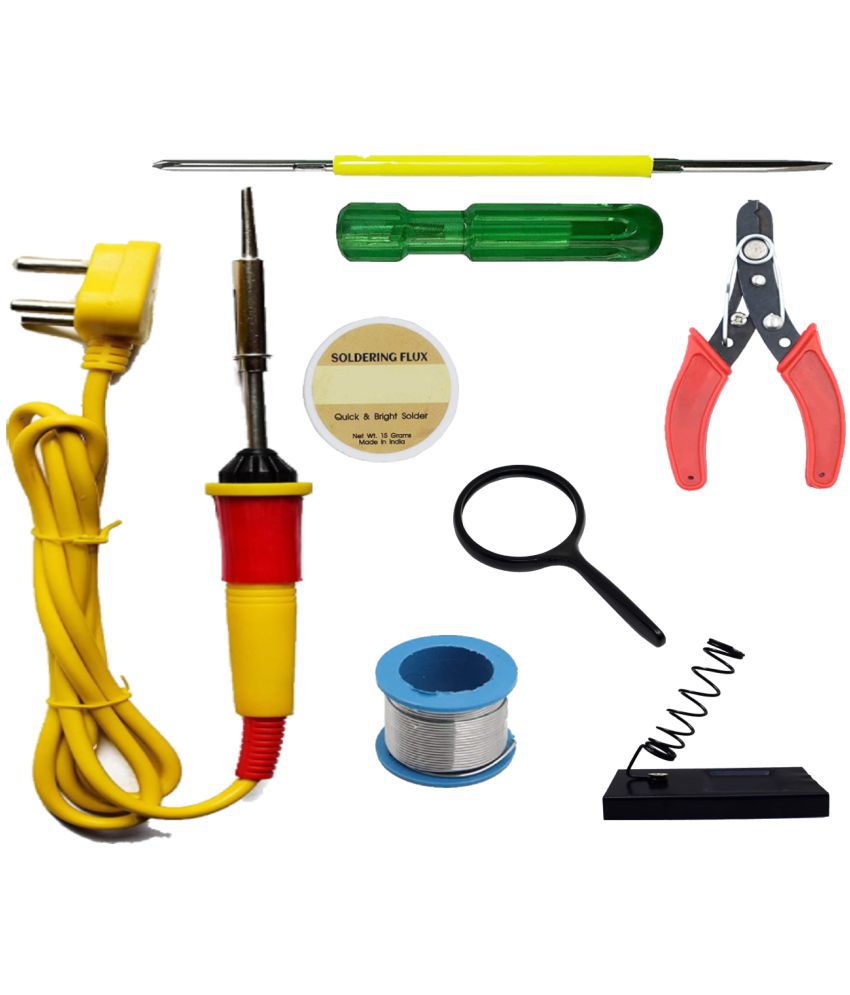    			ALDECO: ( 7 in 1 ) SOLDERING IRON 25 Watt Professional Kit -Yellow Iron, Wire, Cutter, Flux, Lense, 2 in 1 Screw Driver, Stand