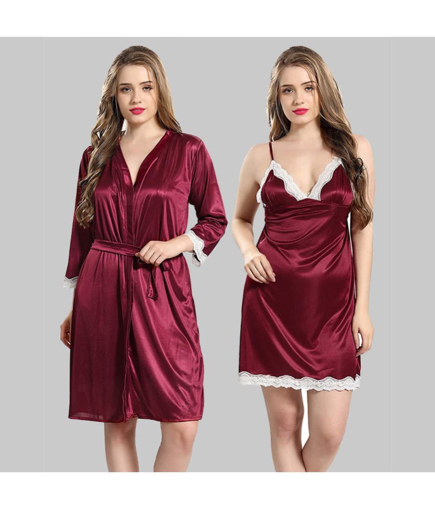     			Gutthi - Maroon Satin Women's Nightwear Nighty & Night Gowns ( Pack of 2 )