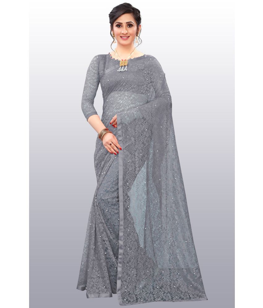     			Indy Bliss - Grey Net Saree With Blouse Piece ( Pack of 1 )