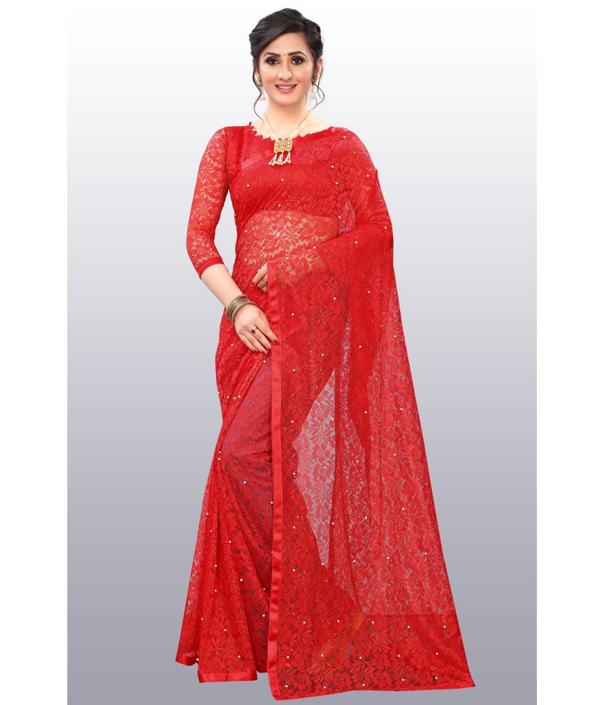     			Indy Bliss - Red Net Saree With Blouse Piece ( Pack of 1 )