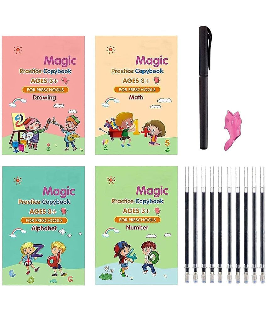     			Marketing Magic Book for Kids Reusable Practice Copybook, Set of 4 Maths, Alphabets, Drawing and Numbers with Pen and 10 Refills - Tracing Book for Preschoolers, Practical Reusable Writing Tool