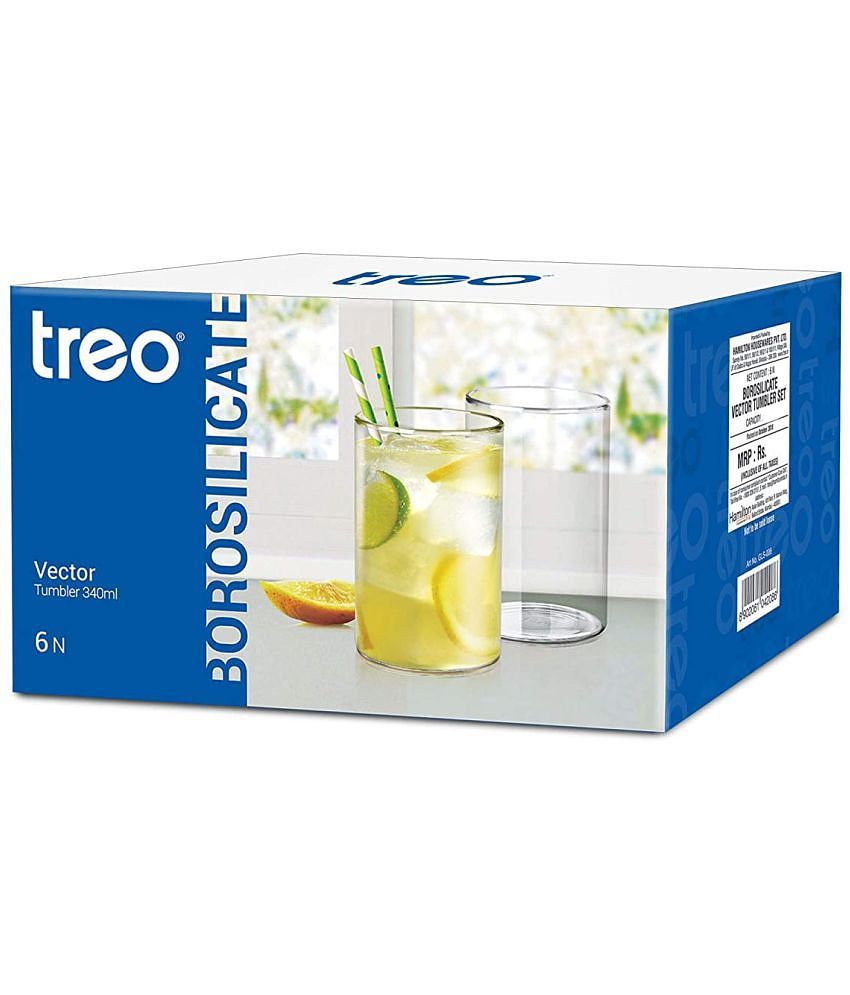 Treo By Milton Borosilicate Vector Glass Tumbler set of 6, 340ml Each, Transparent | Attractive | Microwave & Oven Safe| Light Weight | Glasses for Juices, Cold drinks, Water and Cocktails