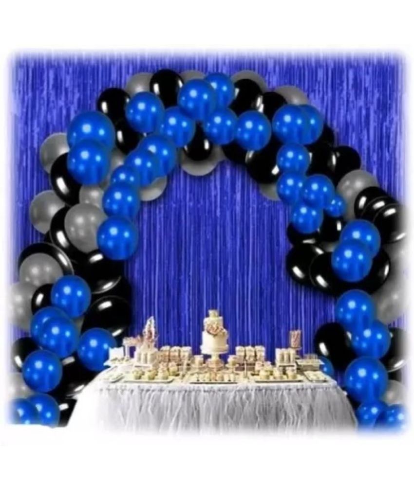     			Kiran Enterprises 2 pc. Foil Fringe Curtain ( Blue ) + 30 Metallic Balloon ( Blue, Black, Silver )