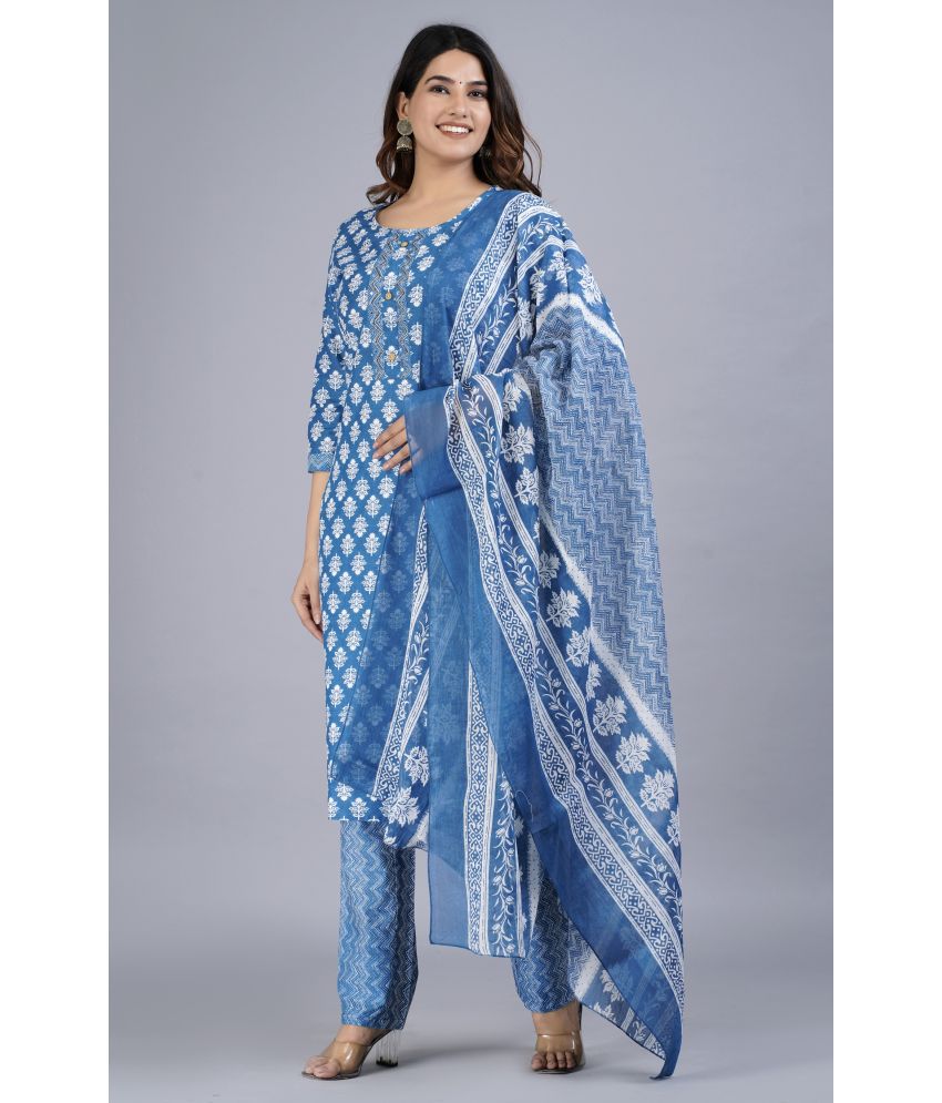     			Mishree Collection - Blue Straight Cotton Women's Stitched Salwar Suit ( Pack of 1 )
