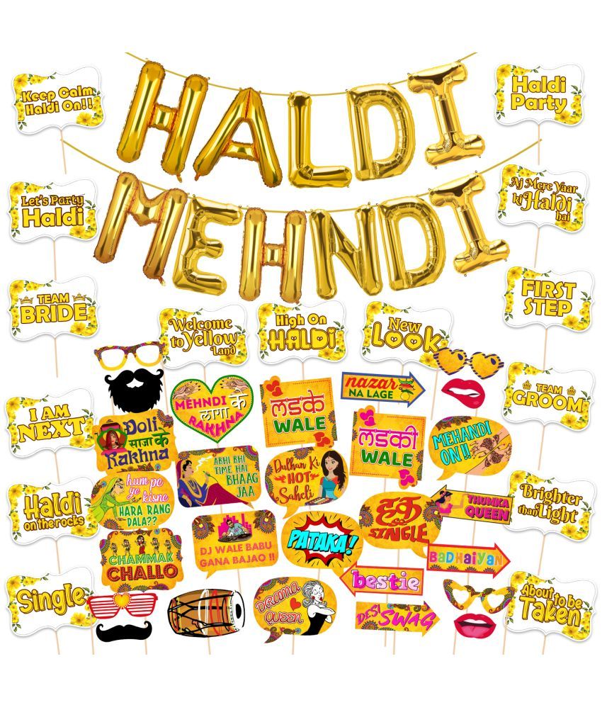     			Zyozi Mehndi Props & Haldi Props and Mehndi Foil Balloon & Haldi Foil Balloon for Photoshoot ,Marriage Props for Wedding for Bride and Family,Bride to Be Props(Pack of 44)