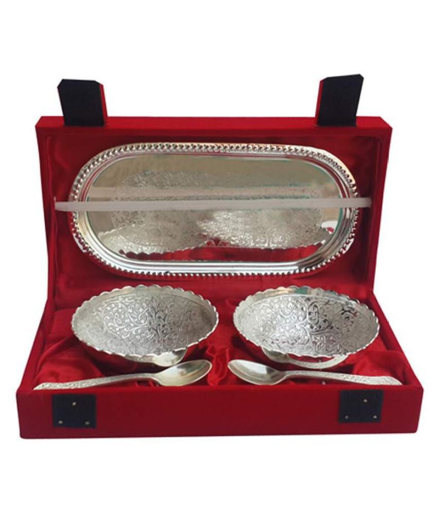 HOMETALES German Silver Plated Gift Bowl & Tray Set