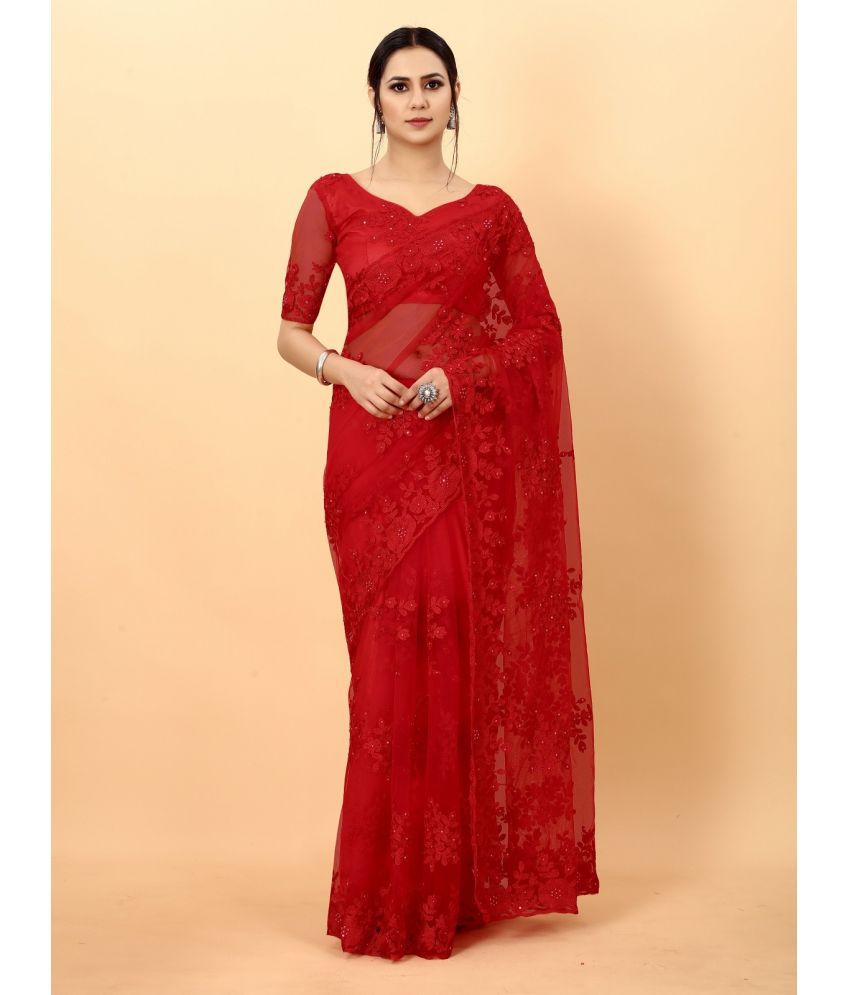    			Kenofy Sarees - Red Net Saree With Blouse Piece ( Pack of 1 )