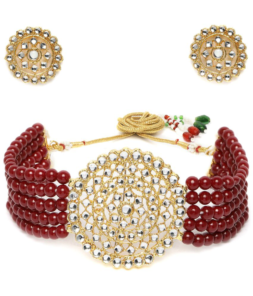     			PUJVI - Maroon Brass Necklace Set ( Pack of 1 )