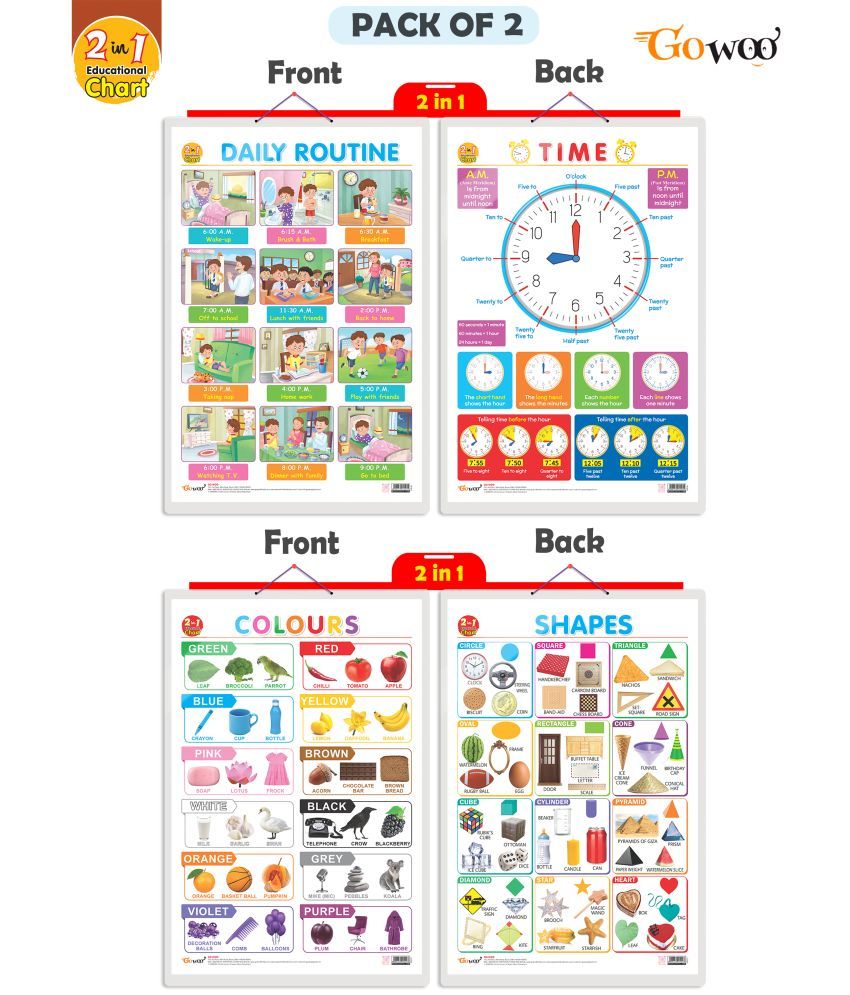     			Set of 2 | 2 IN 1 DAILY ROUTINE AND TIME & 2 IN 1 COLOURS AND SHAPES Early Learning Educational Charts for Kids | 20"X30" inch |Non-Tearable and Waterproof | Double Sided Laminated | Perfect for Homeschooling, Kindergarten and Nursery Students