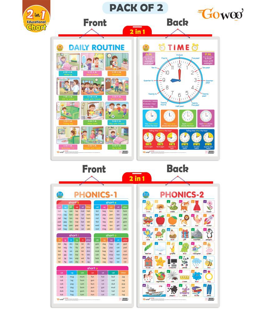     			Set of 2 | 2 IN 1 DAILY ROUTINE AND TIME and 2 IN 1 PHONICS 1 AND PHONICS 2 Early Learning Educational Charts for Kids | 20"X30" inch |Non-Tearable and Waterproof | Double Sided Laminated | Perfect for Homeschooling, Kindergarten and Nursery Students