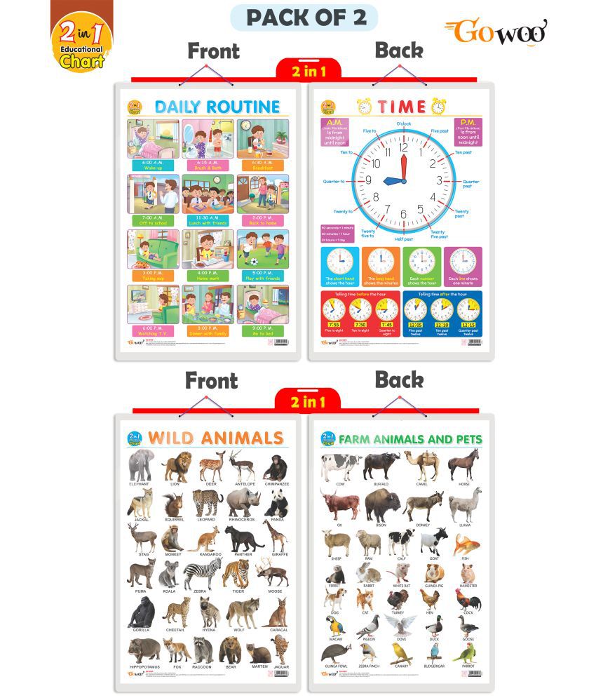     			Set of 2 |2 IN 1 DAILY ROUTINE AND TIME and 2 IN 1 WILD AND FARM ANIMALS & PETS Early Learning Educational Charts for Kids | 20"X30" inch |Non-Tearable and Waterproof | Double Sided Laminated | Perfect for Homeschooling, Kindergarten and Nursery Students