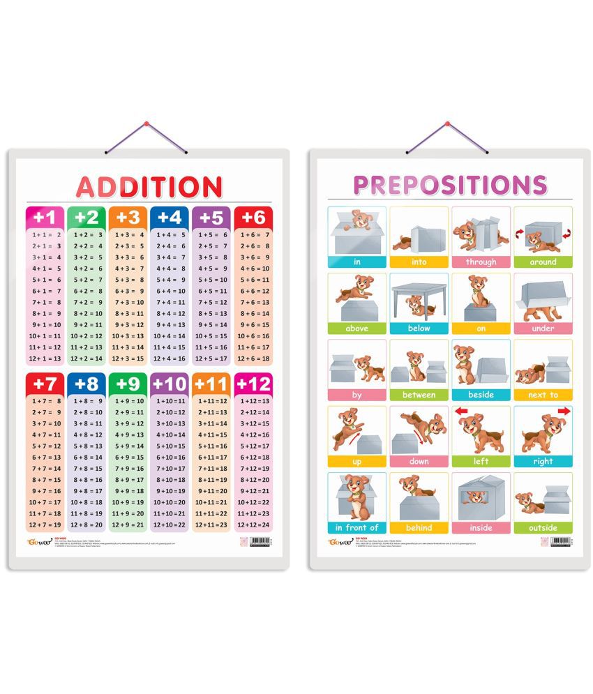     			Set of 2 ADDITION and PREPOSITIONS Early Learning Educational Charts for Kids | 20"X30" inch |Non-Tearable and Waterproof | Double Sided Laminated | Perfect for Homeschooling, Kindergarten and Nursery Students