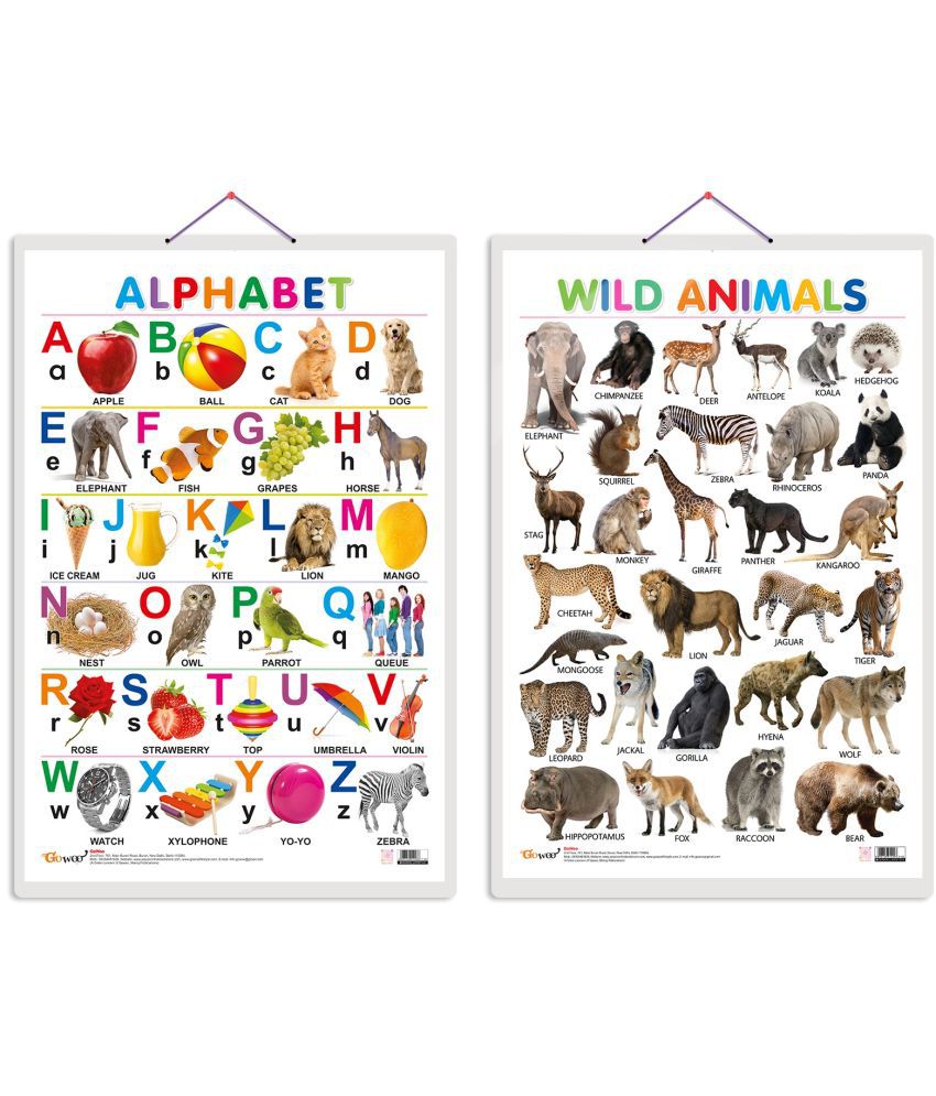     			Set of 2 Alphabet and Wild Animals Early Learning Educational Charts for Kids | 20"X30" inch |Non-Tearable and Waterproof | Double Sided Laminated | Perfect for Homeschooling, Kindergarten and Nursery Students