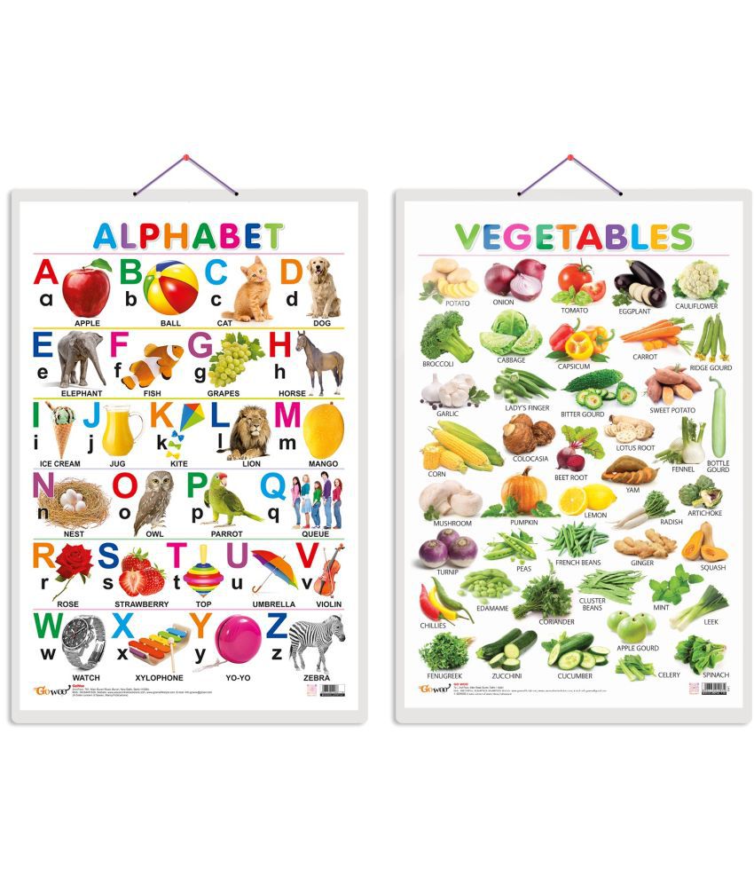     			Set of 2 Alphabet and Vegetables Early Learning Educational Charts for Kids | 20"X30" inch |Non-Tearable and Waterproof | Double Sided Laminated | Perfect for Homeschooling, Kindergarten and Nursery Students