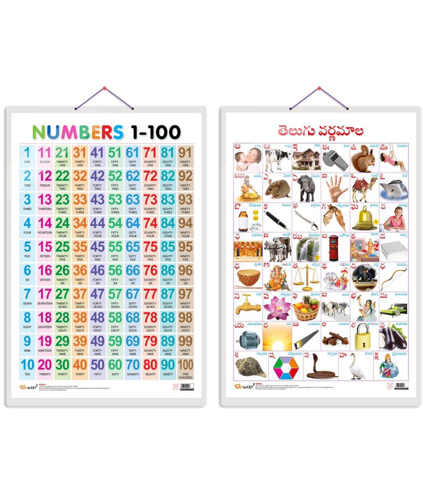     			Set of 2 Numbers 1-100 and Telugu Alphabet (Telugu) Early Learning Educational Charts for Kids | 20"X30" inch |Non-Tearable and Waterproof | Double Sided Laminated | Perfect for Homeschooling, Kindergarten and Nursery Students