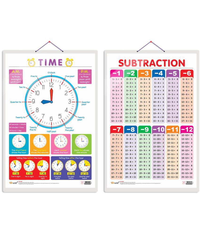     			Set of 2 TIME and SUBTRACTION Early Learning Educational Charts for Kids | 20"X30" inch |Non-Tearable and Waterproof | Double Sided Laminated | Perfect for Homeschooling, Kindergarten and Nursery Students