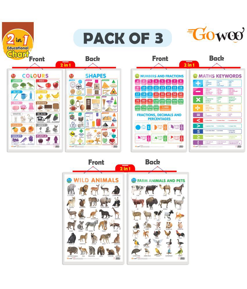     			Set of 3 | 2 IN 1 NUMBER & FRACTIONS AND MATHS KEYWORDS, 2 IN 1 COLOURS AND SHAPES and 2 IN 1 WILD AND FARM ANIMALS & PETS Early Learning Educational Charts for Kids