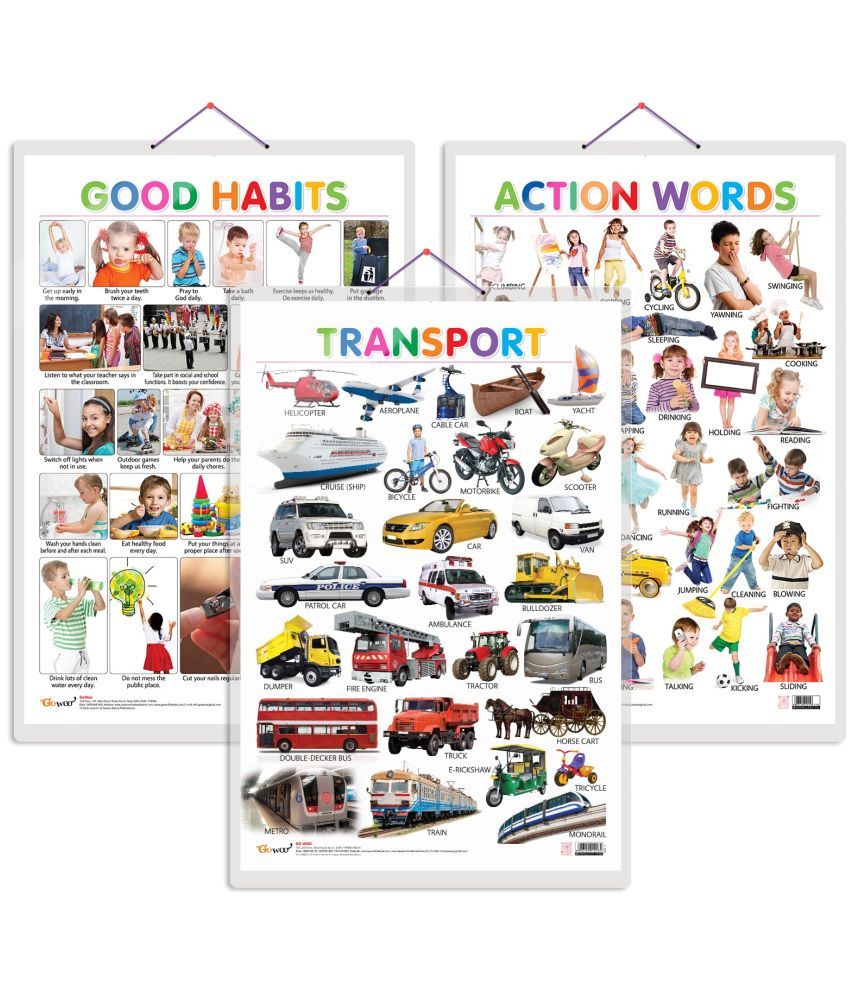     			Set of 3 Good Habits, Action Words and Transport Early Learning Educational Charts for Kids | 20"X30" inch |Non-Tearable and Waterproof | Double Sided Laminated | Perfect for Homeschooling, Kindergarten and Nursery Students