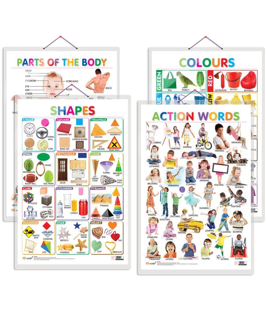     			Set of 4 Colours, Shapes, Parts of the Body and Action Words Early Learning Educational Charts for Kids | 20"X30" inch |Non-Tearable and Waterproof | Double Sided Laminated | Perfect for Homeschooling, Kindergarten and Nursery Students