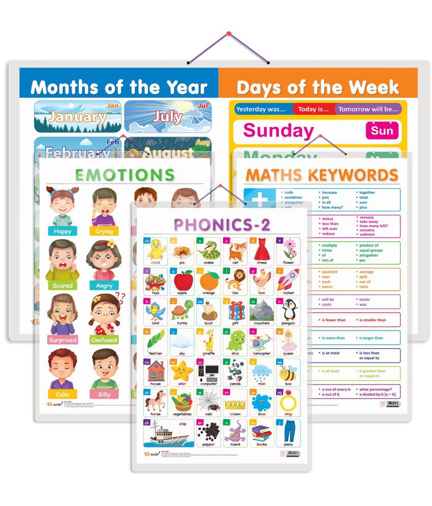     			Set of 4 MATHS KEYWORDS, MONTHS OF THE YEAR AND DAYS OF THE WEEK, EMOTIONS and PHONICS - 2 Early Learning Educational Charts for Kids