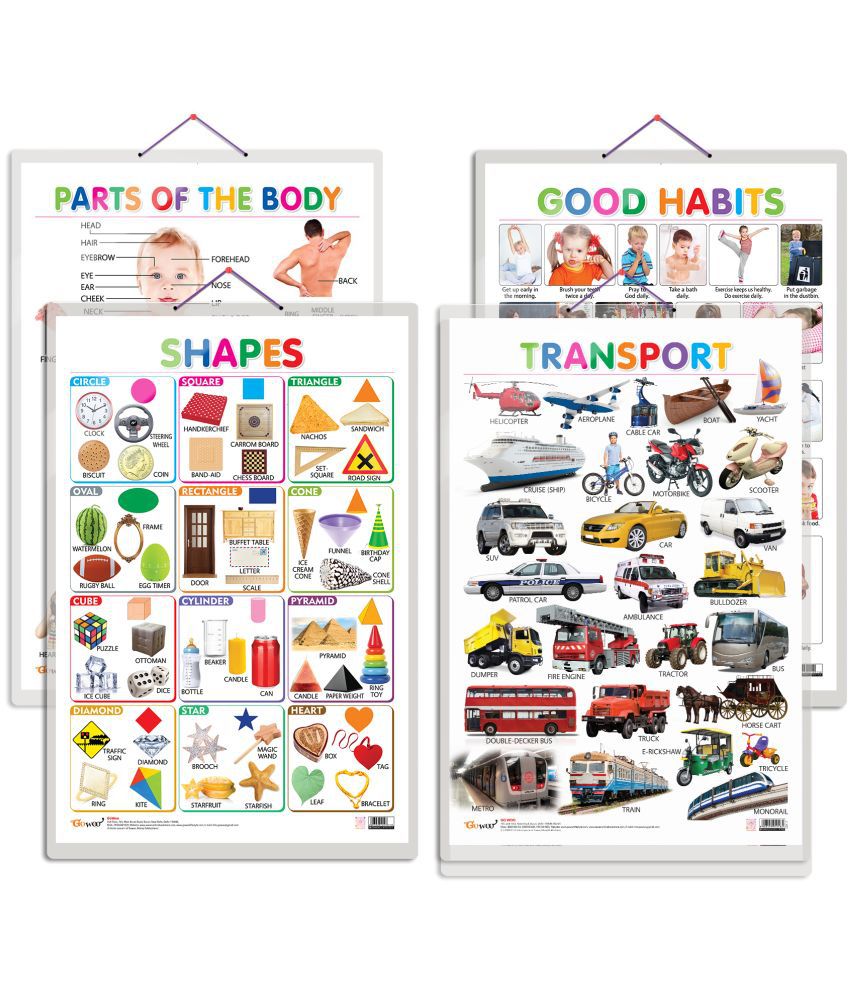     			Set of 4 Shapes, Parts of the Body, Good Habits and Transport Early Learning Educational Charts for Kids | 20"X30" inch |Non-Tearable and Waterproof | Double Sided Laminated | Perfect for Homeschooling, Kindergarten and Nursery Students