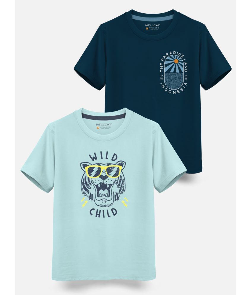     			HELLCAT - Pecock Blue Cotton Blend Boy's T-Shirt ( Pack of 2 )