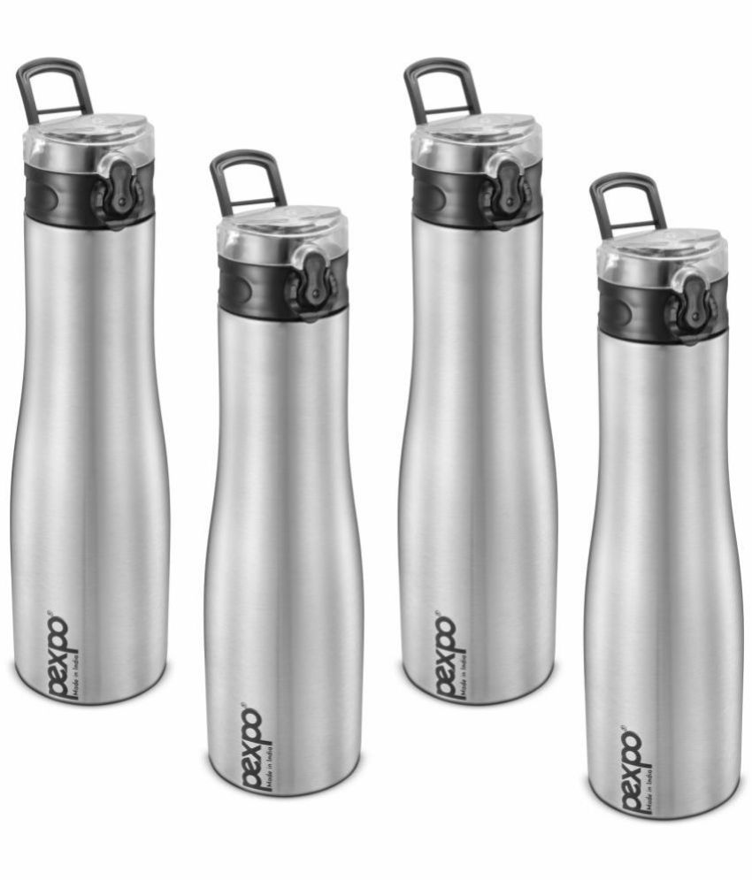     			PEXPO 1000 ml Stainless Steel Sports Water Bottle, Push Button Cap (Set of 4, Silver, Monaco)