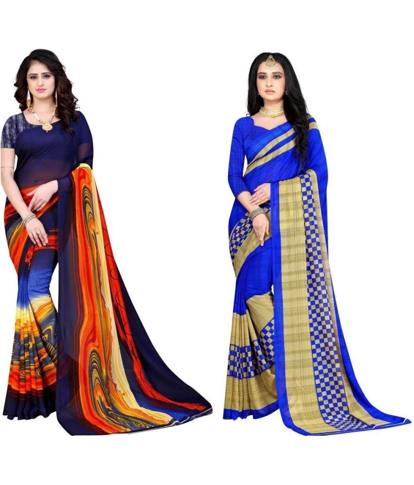     			LEELAVATI - Blue Georgette Saree With Blouse Piece ( Pack of 2 )