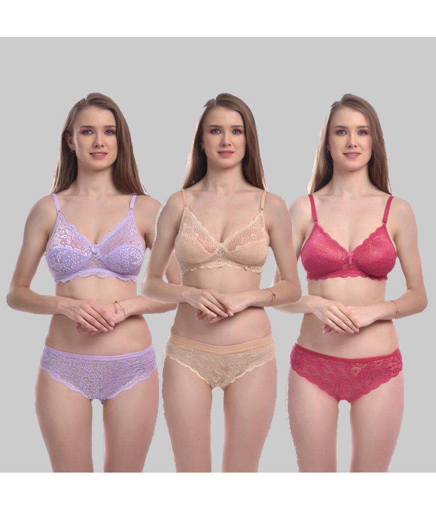 Buy Soft Beauty Multicolor Kesari Set Netmesh Womens Bra And Panty Set Pack Of 3 Online At 0147