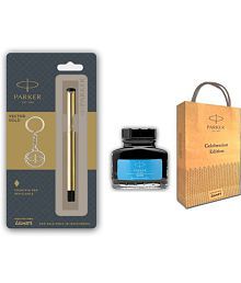Parker Vector Gold Fountain Pen With Blue Ink Bottle And Gift Bag Ball Pen (Blue)