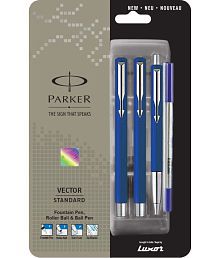 Parker Vector Standard Triple Blue Body (Fountain Pen+Roller Ball Pen+Ball Pen) Pen Gift Set (Pack Of 3, Blue)