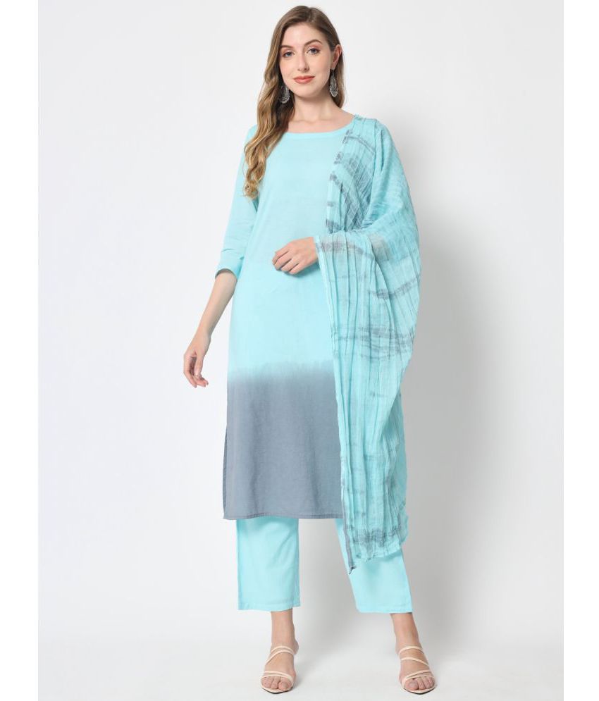     			Kbz - Turquoise Straight Cotton Women's Stitched Salwar Suit ( Pack of 1 )