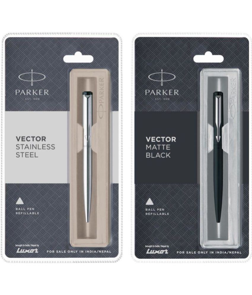     			Parker Vector Stainless Steel & Matte Black Ct Ball Pen (Pack Of 2, Blue)