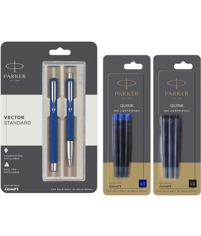     			Parker Vector Standard Sets Fountain Pen With Ball Pen - Blue With 3 Blue And 3 Black Quink Ink Cartridge (Pack Of 3, Blue, Black)