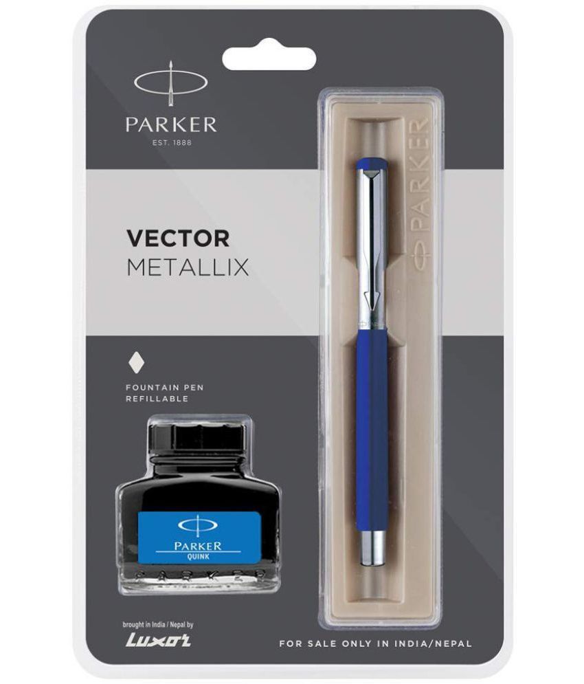     			Parker Vector Mettalix Fountain Blue Pen With Free Quink Blue Ink Ball Pen (Pack Of 2, Blue)