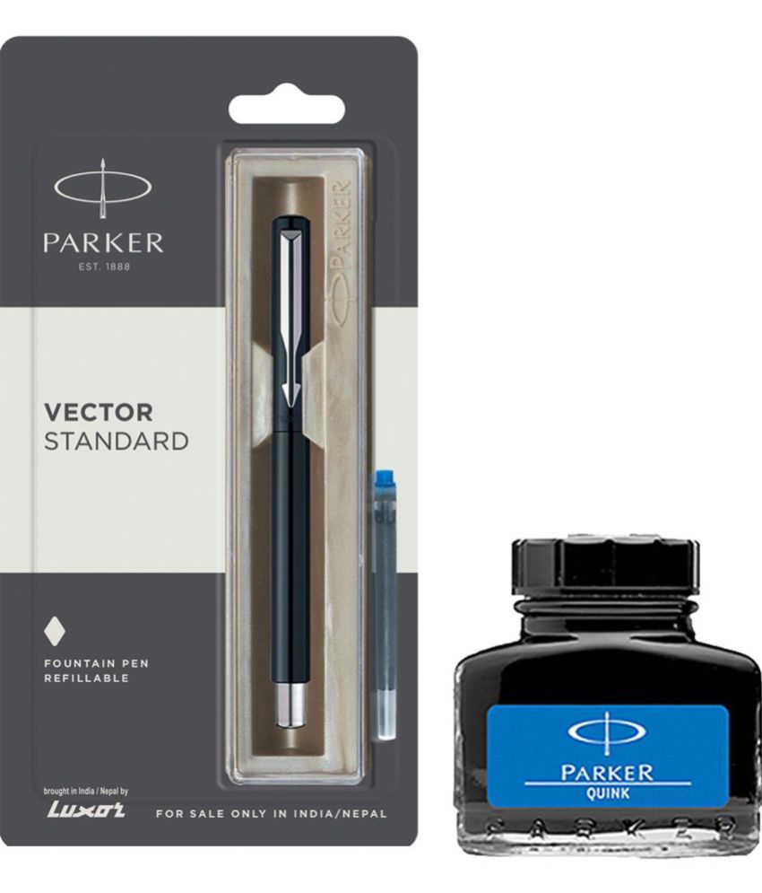     			Parker Vector Standard Ct Fountain Pen - Black With Blue Quink Ink Bottle (Pack Of 2, Blue)