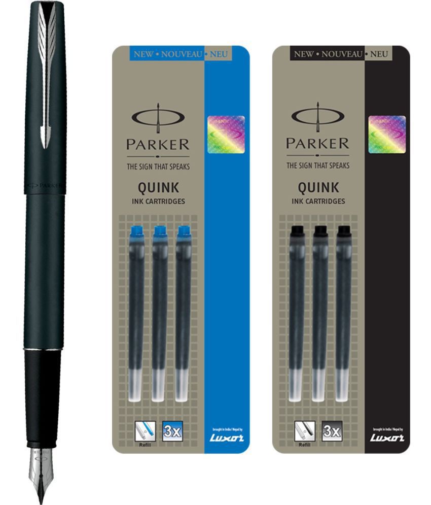     			Parker Frontier Matte Black Ct Fountain Pen With 3 Blue / 3Black Quink Ink Cartridge (Pack Of 3, Blue, Black)