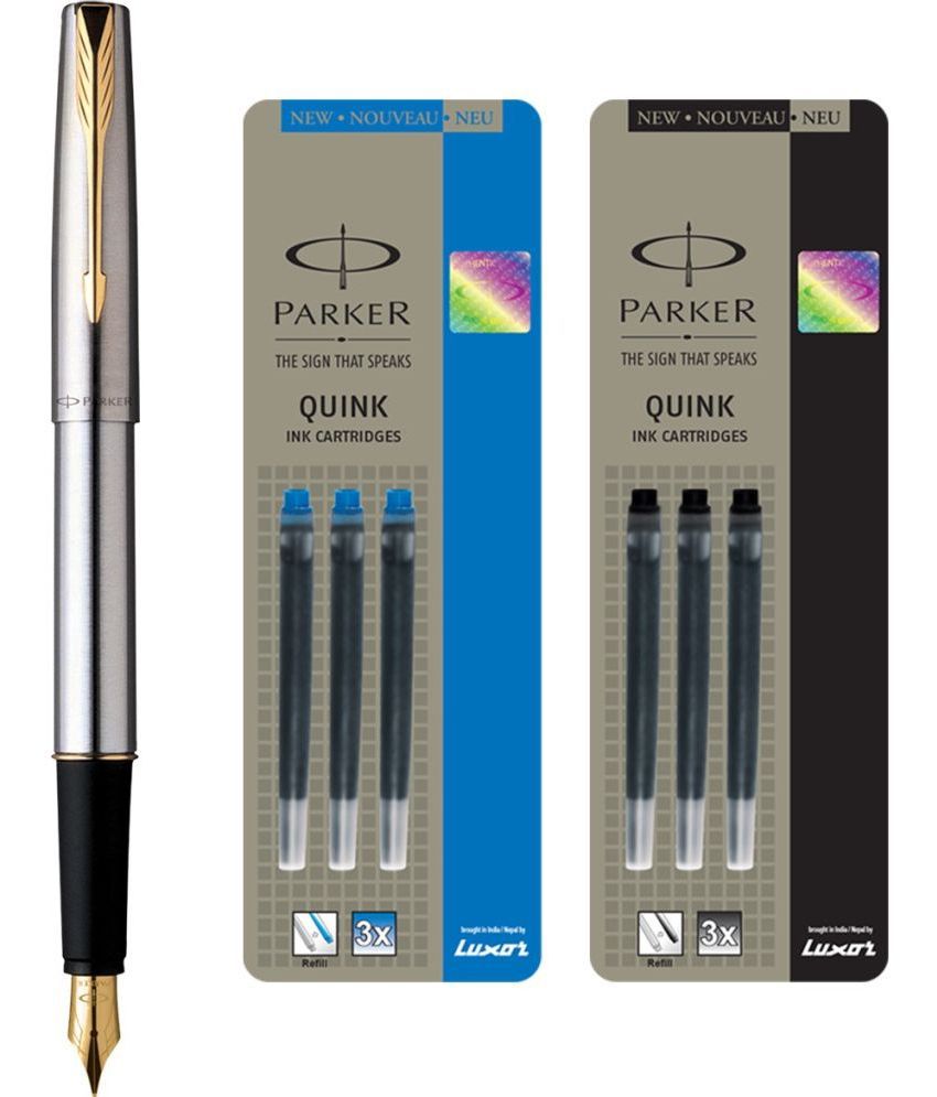     			Parker Frontier Stainless Steel Gt Fountain Pen With 3 Blue / 3Black Quink Ink Cartridge (Pack Of 3, Blue, Black)