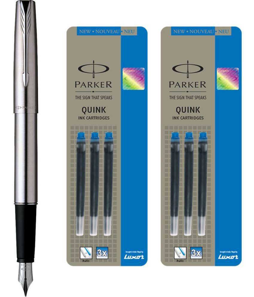     			Parker Frontier Stainless Steel Ct Fountain Pen With 6 Blue Quink Ink Cartridge (Pack Of 3, Blue)