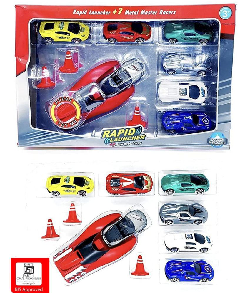     			VBE Rapid Launcher Play Set Toy with 7 Die Cast Metal Stunt Car and Master Racers Racing Sports Rapid Launcher with 3 Stoppers Best Toy Gift for Kids (Multi-Color)
